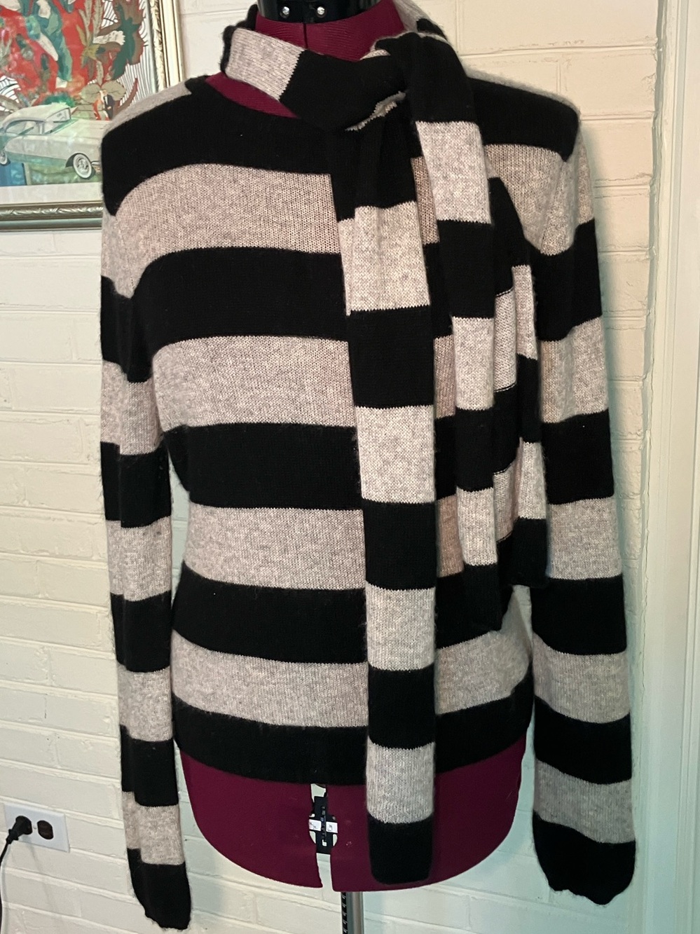 Annie’s Eye | Black & Gray Cashmere Striped Sweater with Scarf | Medium